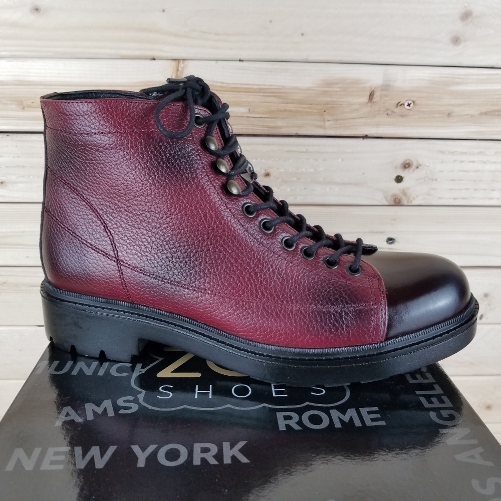 Men's Boots 10M 100% Genuine Leather Burgundy Biker Paul Branco Side Zip Lace-up